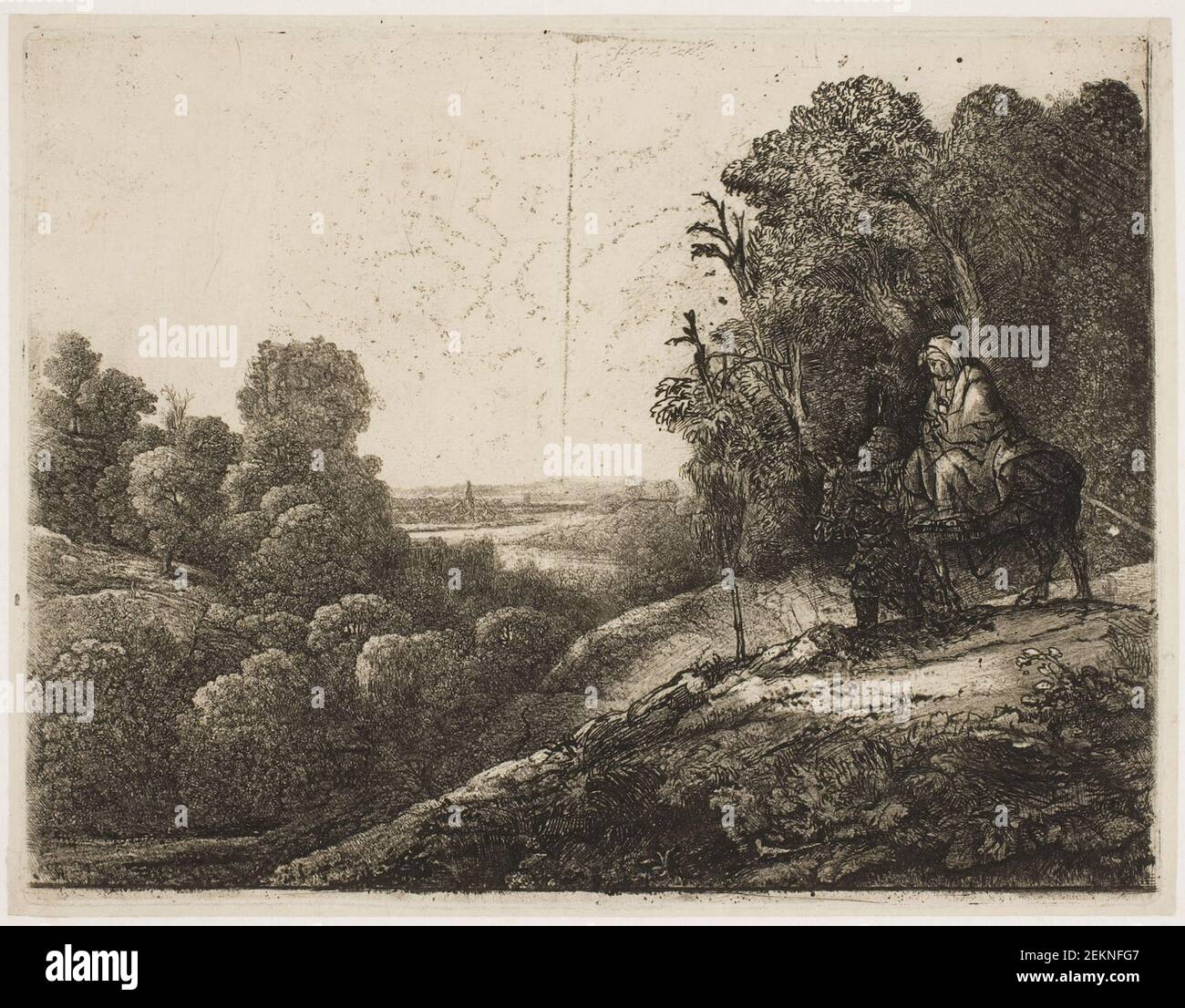 Rembrandt van Rijn (1606-1669), la fuga dell'Egitto. Il piatto originale di Ercole Segers con Tobias e angelo, circa 1652 Foto Stock