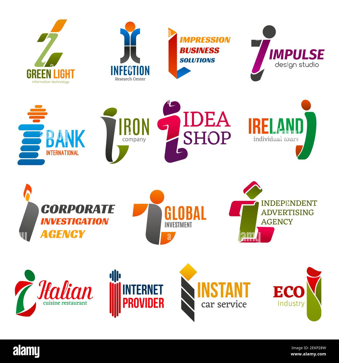 Icone aziendali della lettera di identità aziendale I. Tecnologia vettoriale, ricerca e banche, shopping e viaggi, ricerca e finanza. Pubblicità e f Illustrazione Vettoriale