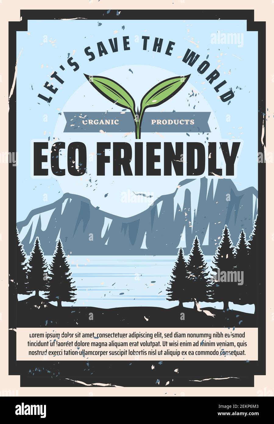 Save World e Protect Earth, poster vintage ambiente. Vector verde prodotti biologici ed eco-friendly, proteggere la natura acqua e alberi forestali, coso Illustrazione Vettoriale