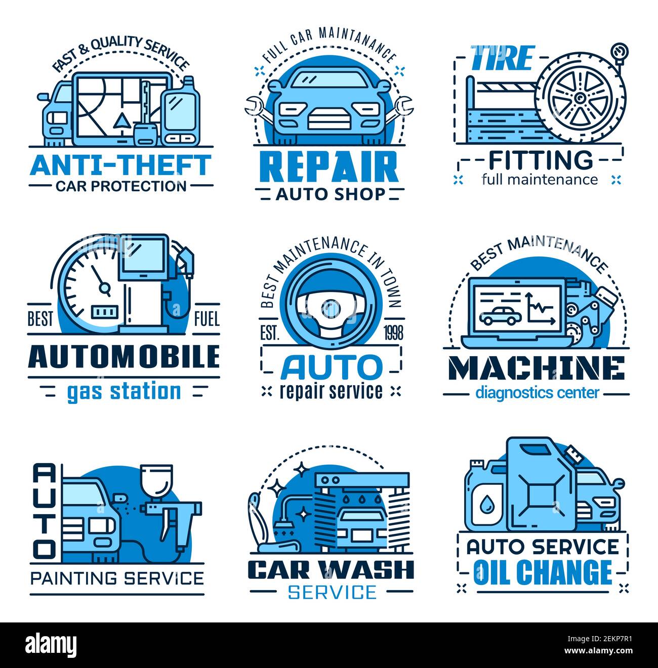 Servizio di riparazione, manutenzione auto icone isolate. Sistema antifurto Vector, montaggio di pneumatici e officine, stazione di rifornimento del carburante, centro di diagnostica della macchina. Pittura Illustrazione Vettoriale