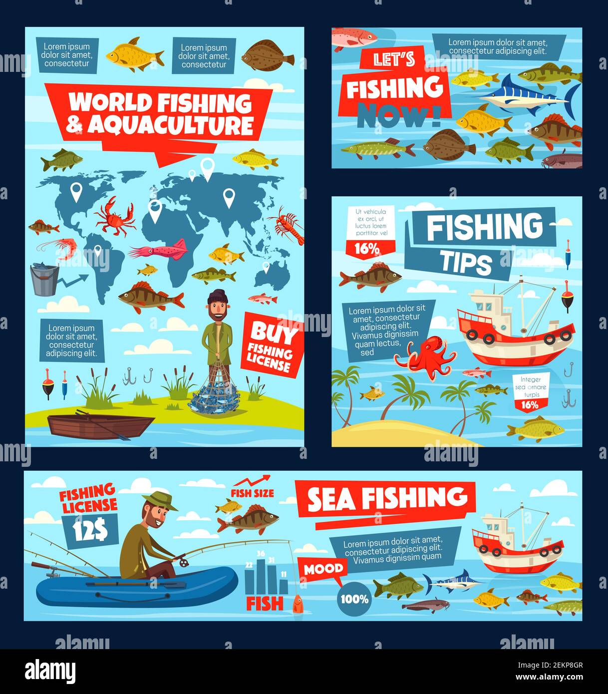 Infografica sulle licenze di pesca, acquacoltura e fisher con mappa del mondo. Grafici vettoriali, grafici delle catture di pesce in mare, oceano e lago, pescatore affronta e. Illustrazione Vettoriale