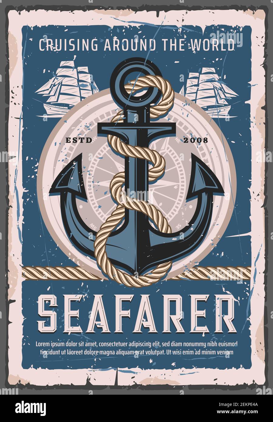 Marinai, crociere nautiche e ancoraggio retrò con corda. Nave marina vettoriale, gite in barca a vela. Spirito di avventura oceanica e marina, ancora di ammiraglio w Illustrazione Vettoriale