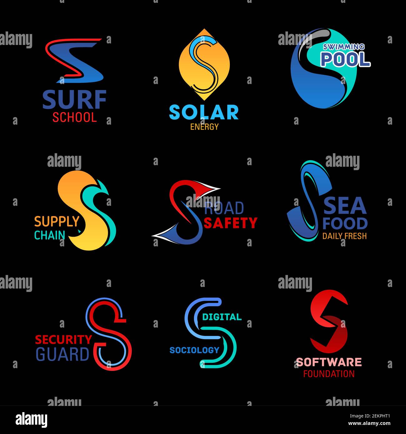 S lettere icone di identità aziendale e simboli del marchio aziendale. Vector S di scuola di surf sport, energia solare tecnologia o piscina e strada Illustrazione Vettoriale