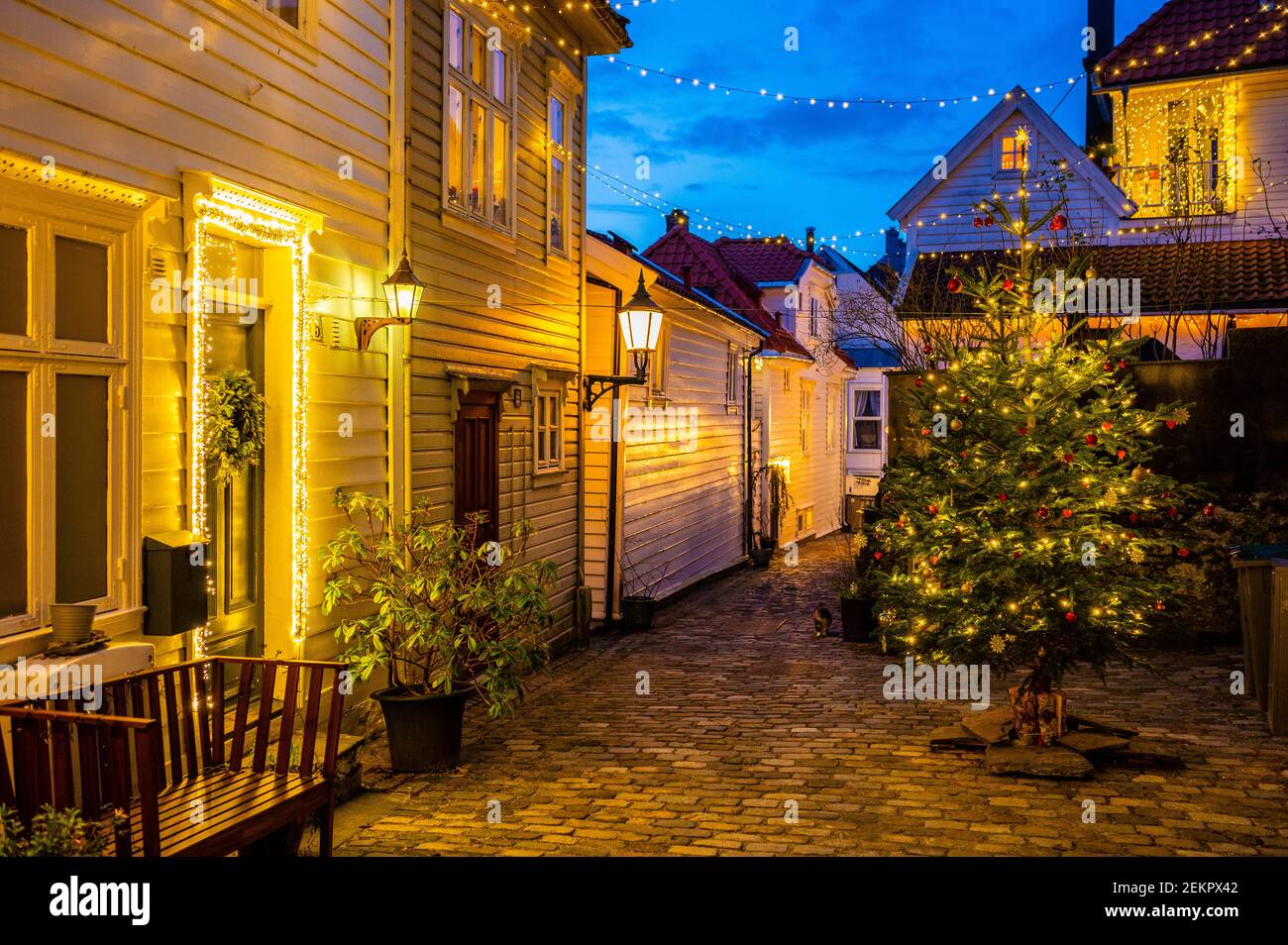 Notte di Natale a Bergen, Norvegia. Foto Stock