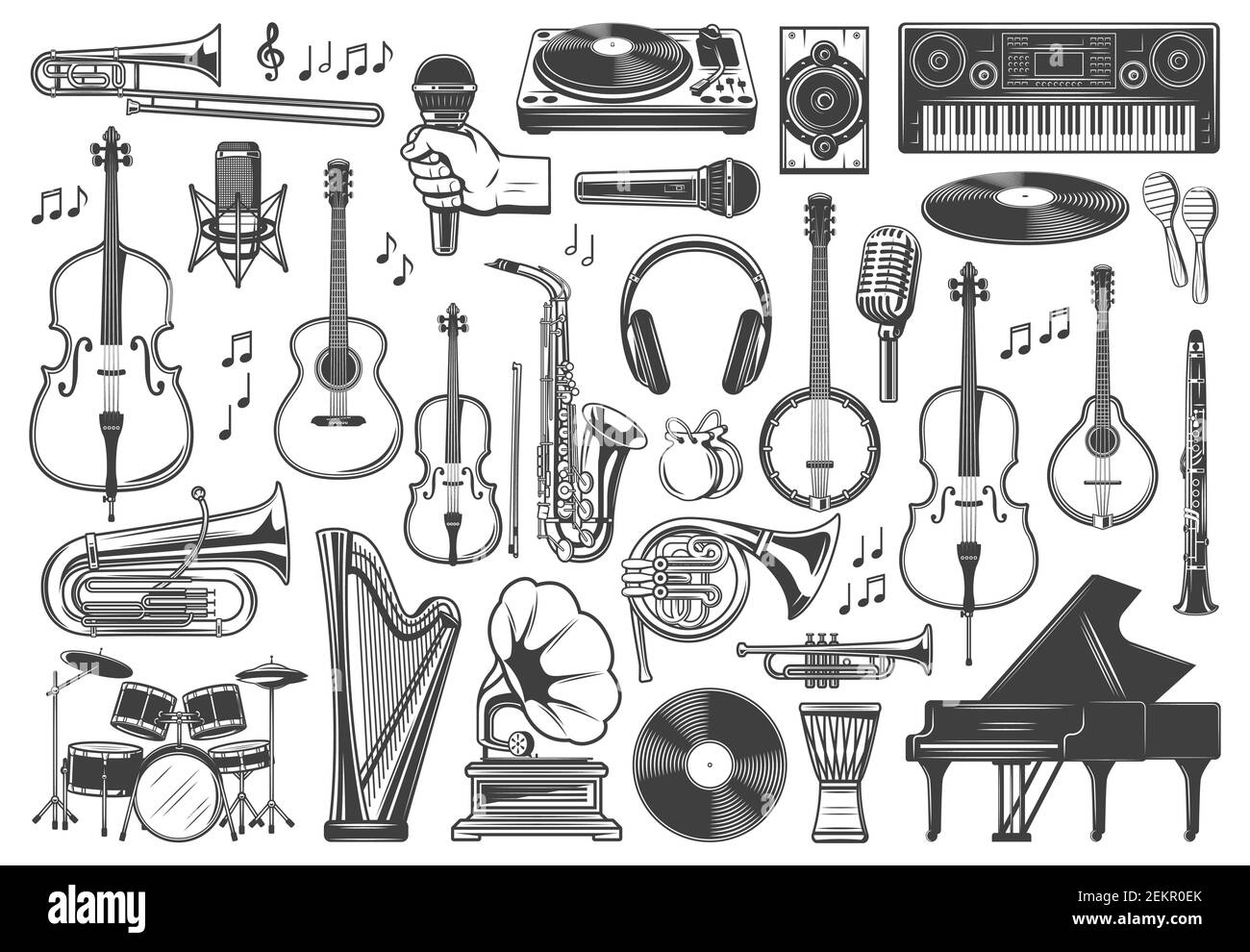 Icone di strumenti musicali, jazz e musica d'orchestra. Strumenti di sintesi per studi di registrazione vettoriali, piano, chitarra e batteria, violino, sassofono, vinile r Illustrazione Vettoriale