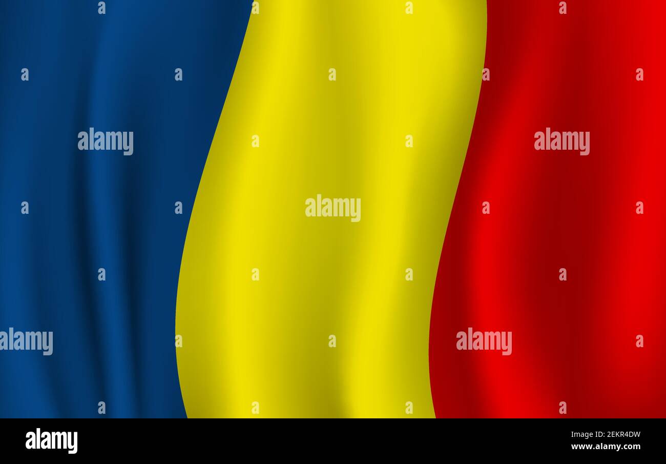 Bandiera Romania, bandiera ondulata 3D realistica. Vettore nazionale rumeno bandiera background. Bucarest Independence Day simbolo di strisce blu, gialle e rosse ba Illustrazione Vettoriale