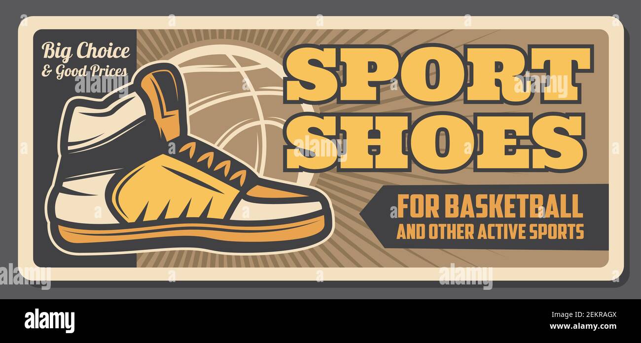 Scarpe sportive da basket e attrezzature da gioco design vettoriale con sneakers da palla e giocatore sul campo arancione. Articoli sportivi, abbigliamento sportivo e calzature atletiche Illustrazione Vettoriale