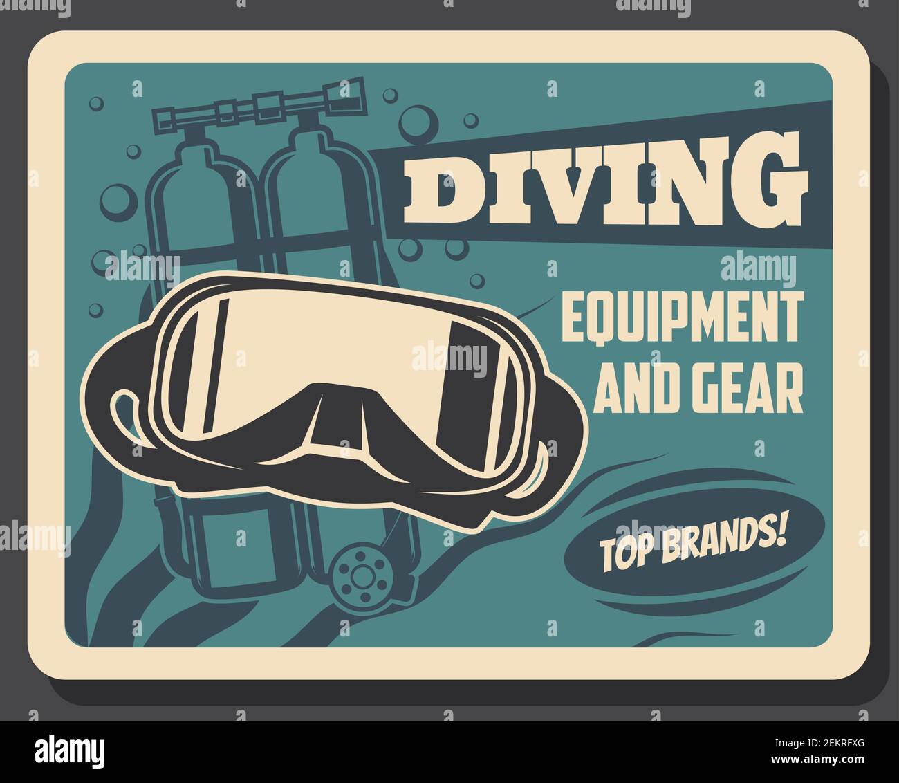 Attrezzatura subacquea e scuba diver gears retro banner. Maschera subacquea vettoriale e autorespiratore subacqueo o aqualung, ossig Illustrazione Vettoriale