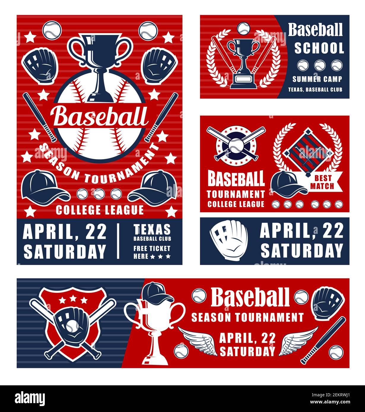 Torneo di baseball vettoriale, coppa vincitrice del campione dello sport, bat di pastella, guanto e palla. Campionato di baseball, poster di squadra e campionato o banne Illustrazione Vettoriale