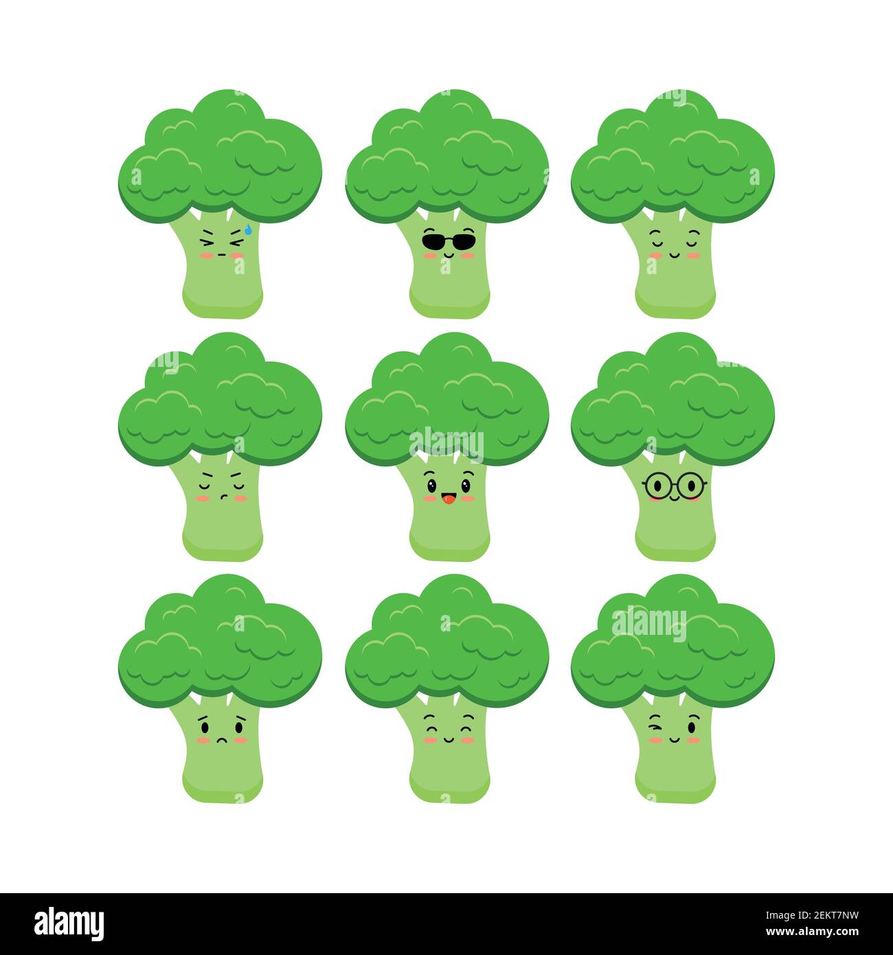 Carino broccoli divertente cartone animato verdura insieme isolato su sfondo bianco. Illustrazione Vettoriale