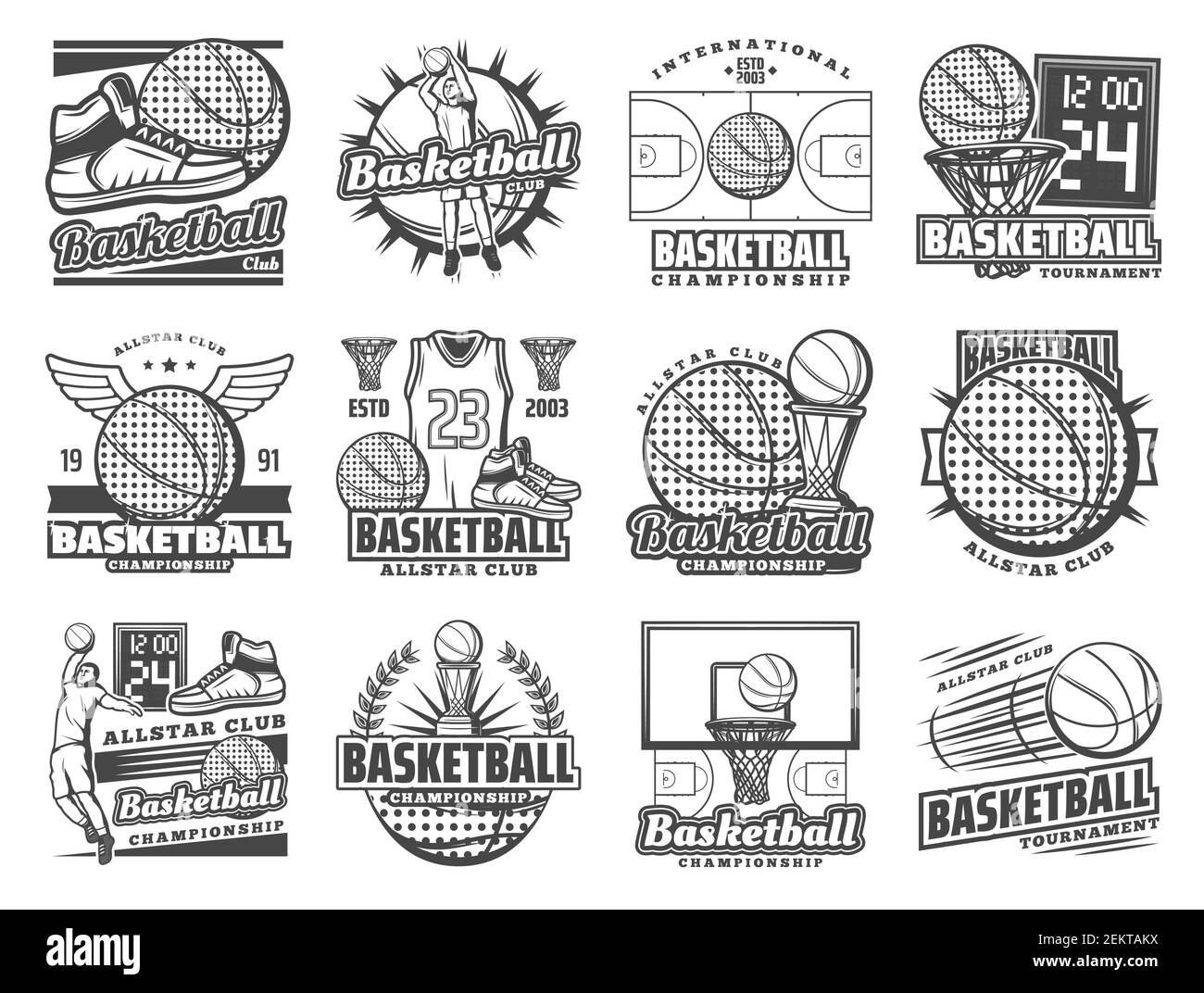 Vettore basket sport e streetball gioco tornei simboli di Champion Cup gioco, palla con ali e goal scoreboard. Campionato di pallacanestro, clu Illustrazione Vettoriale