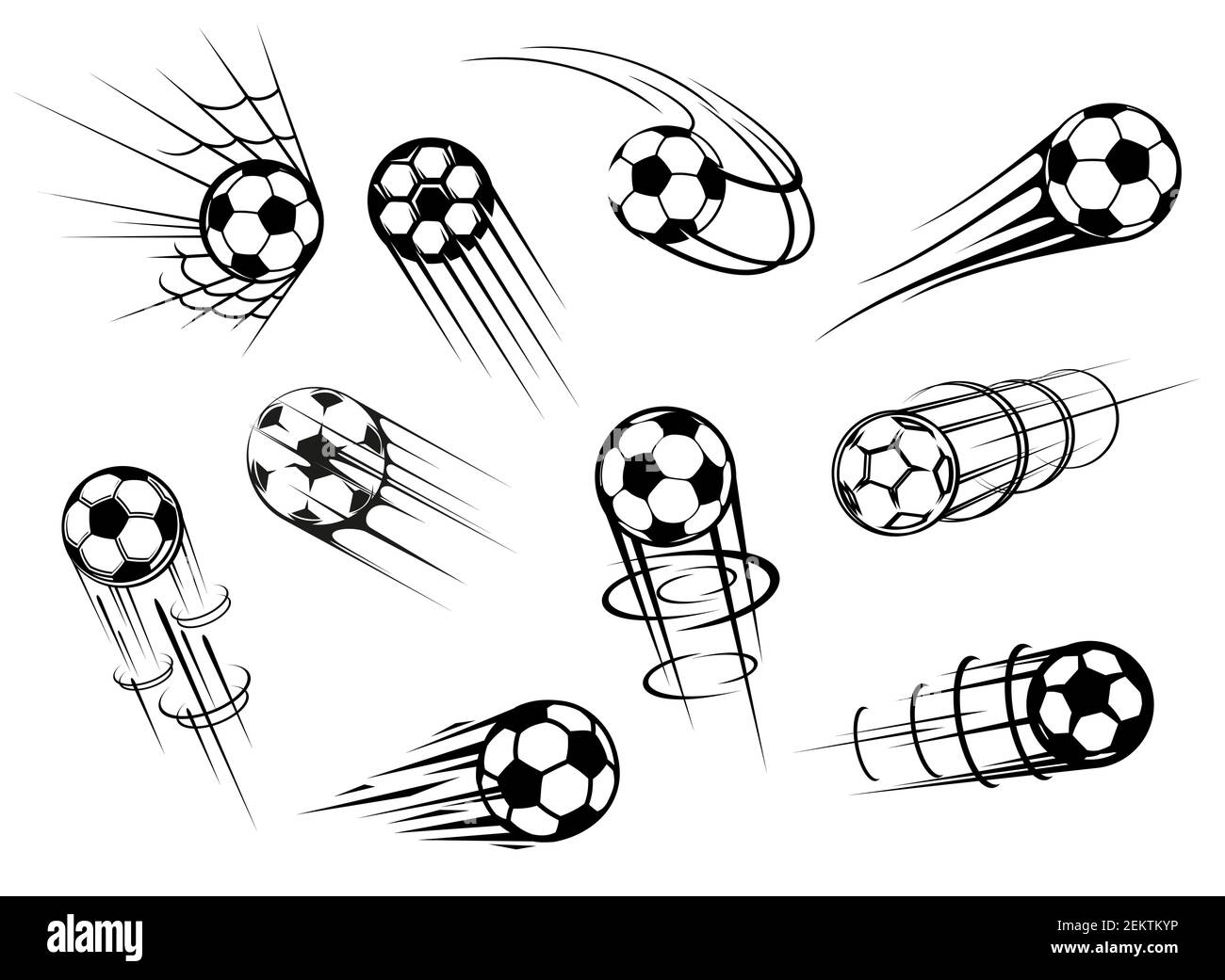 Palline da calcio in pelle bianca e nera con percorsi di movimento e rete di porta di gol campo da gioco, attrezzature sportive. Icone vettoriali di calcio o palla da calcio di s. Illustrazione Vettoriale