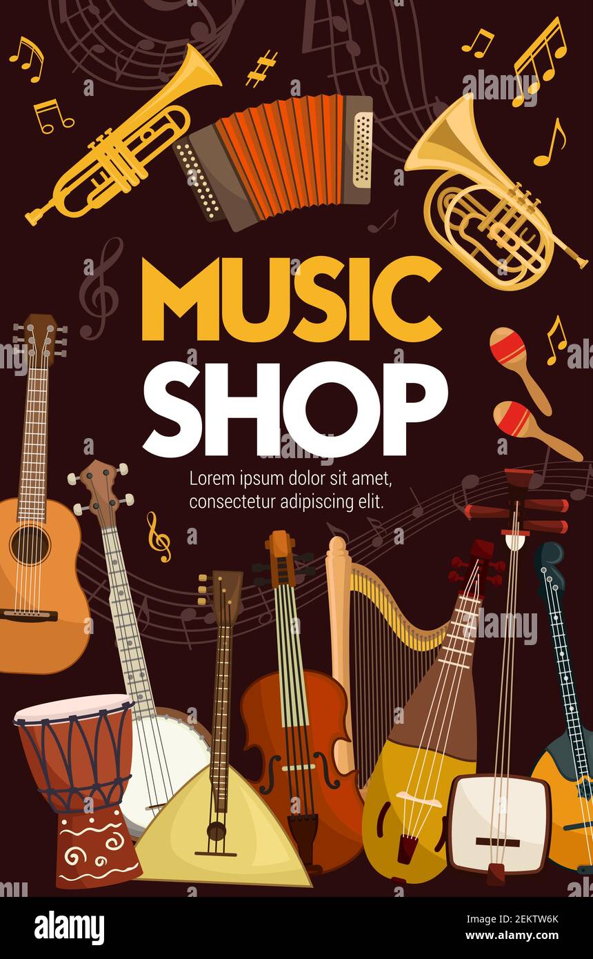 Manifesto di musica folk, jazz classico e strumenti musicali d'orchestra. Strumenti di musica vettoriale, apparecchi di banda sonora, chitarra e sassofono, marac Illustrazione Vettoriale