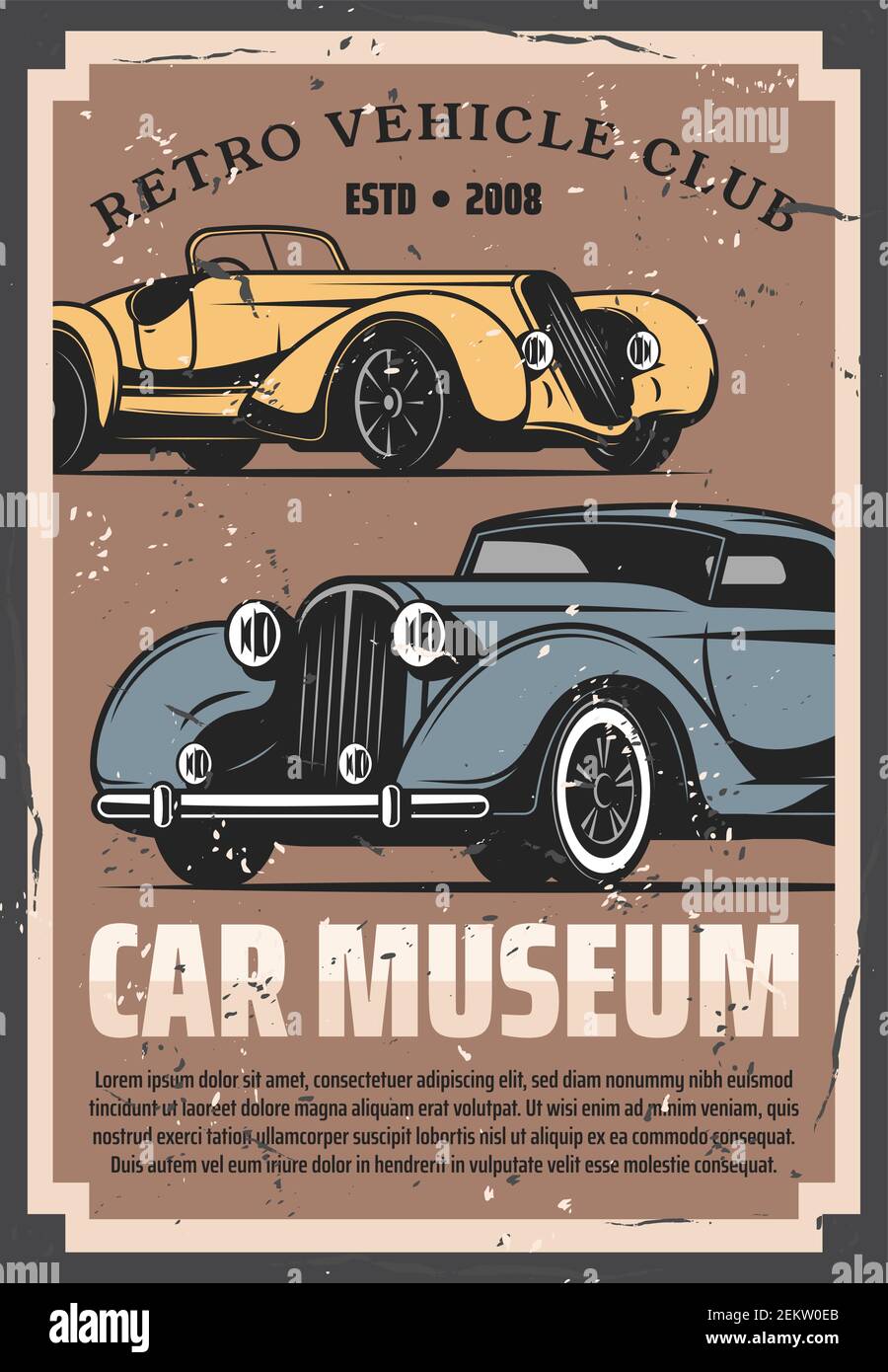Mostra d'auto d'epoca e museo dei motori di rarità, poster vettoriali di veicoli retrò. Servizio di ripristino e messa a punto del vecchio timer, centro auto e mecc Illustrazione Vettoriale