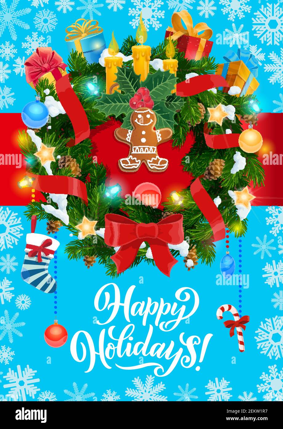 Felice festa saluto di Merry Natale Vector decorazione corona albero di Natale con candele, stelle d'oro confetti, uomo pan di zenzero e regalo di Natale Illustrazione Vettoriale