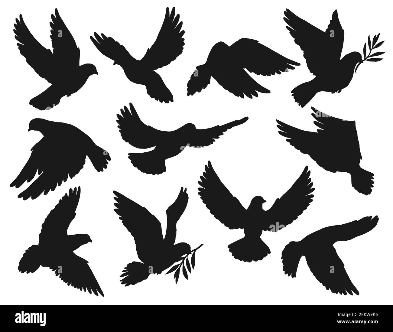 Colomba icone, pace e simbolo di pasqua, piccione uccello volare con ramo di ulivo ramoscello in becco. Sagoma della colomba vettoriale, segno della religione cristiana della chiesa, Hop Illustrazione Vettoriale