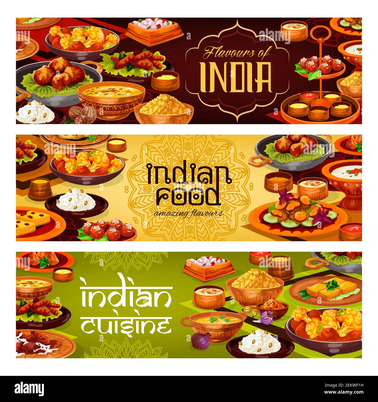 Striscioni vettoriali di cucina indiana con curry di carne, riso pilau e stufato di verdure, patate samosa, zuppa di pesce e gamberi fritti, dessert al latte e semola Illustrazione Vettoriale
