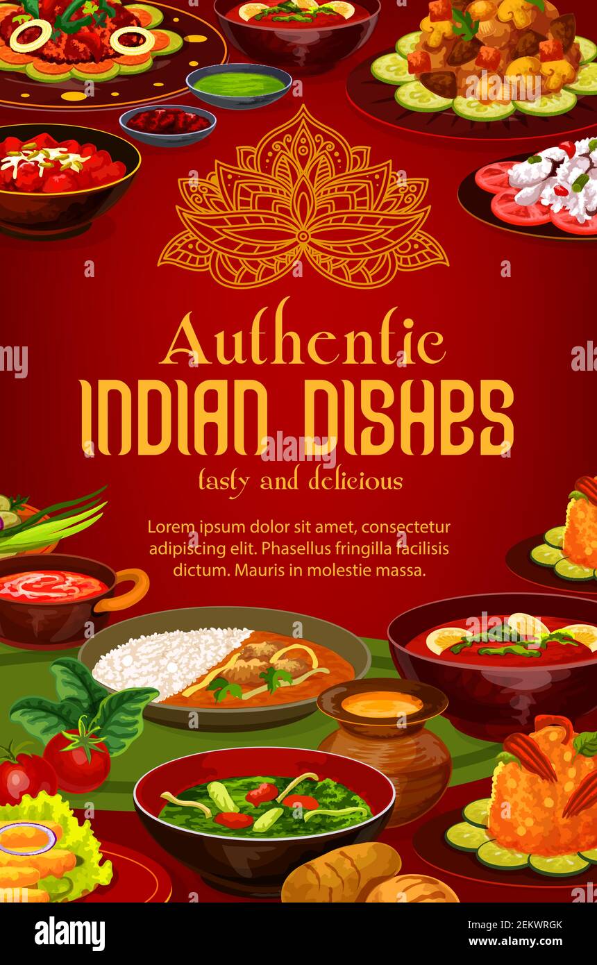 Piatti indiani di autentica cucina, India ristorante tradizionale menu copertina. Verdure vegetariane vettoriali, riso al curry e spezie masala, colazione, Illustrazione Vettoriale