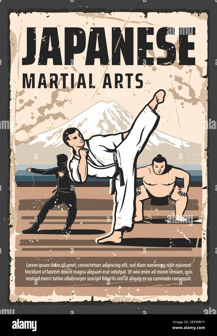 Arti marziali giapponesi e tradizionale cultura di combattimento poster retrò d'epoca. Vettore sumo wrestler giapponese, ninja, kung fu e aikido, judo e taekwo Illustrazione Vettoriale