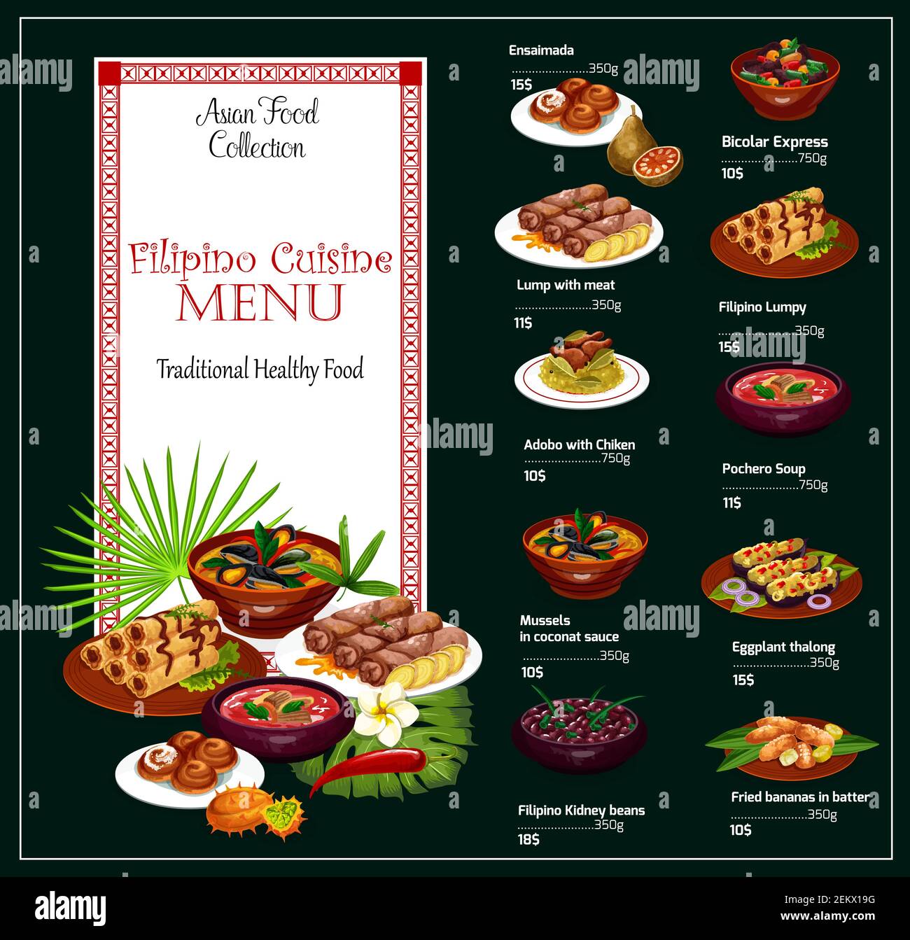 Il menu del ristorante di cucina Filippina e' caratterizzato da un design vettoriale di cucina Asiatica. Adobo di riso di pollo, involtini di carne e cozze in salsa di cocco, zuppa di manzo, carne di maiale essere Illustrazione Vettoriale