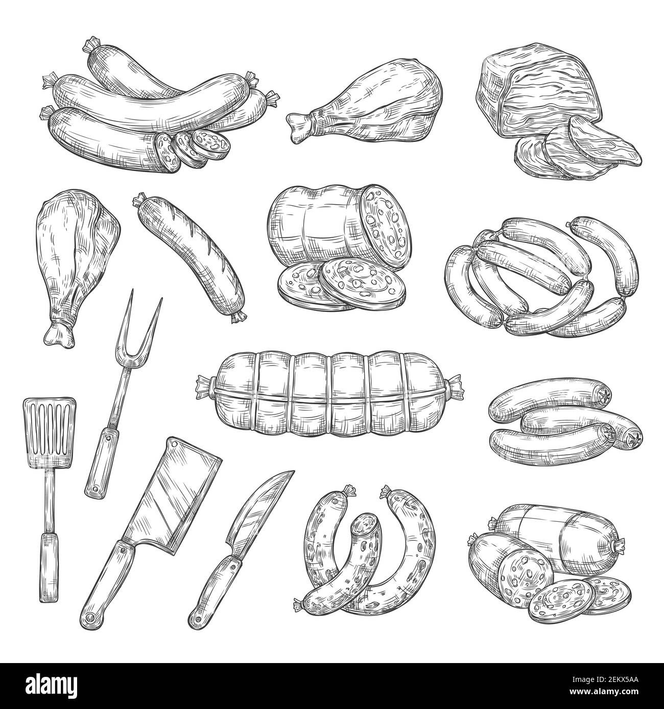 Carne, salsicce e posate da cucina, bozzetti monocromi isolati. Carne di manzo e maiale vettoriale, salame di agnello e di montone, prosciutto di pancetta e coscia di pollo. Frankfu Illustrazione Vettoriale