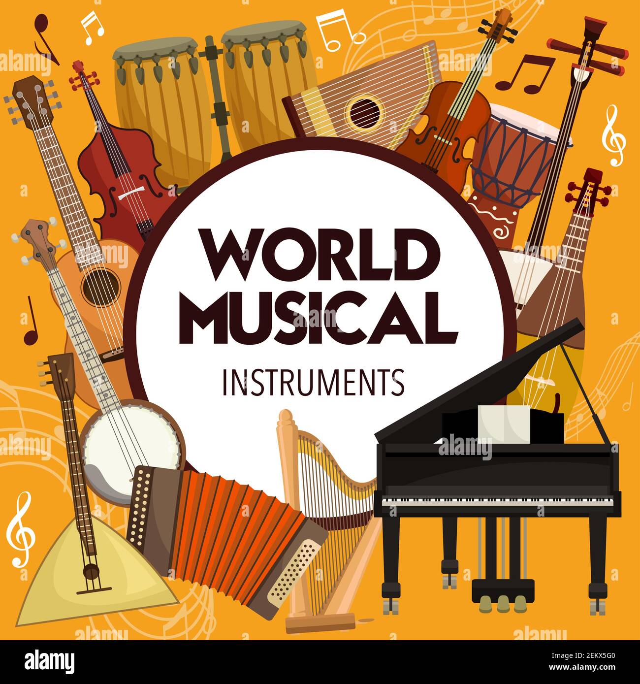 Strumenti musicali con note musicali e design vettoriale a sculpore. Pianoforte, batteria e chitarra, violino, arpa e viola, sciamisen giapponese, balala russa Illustrazione Vettoriale