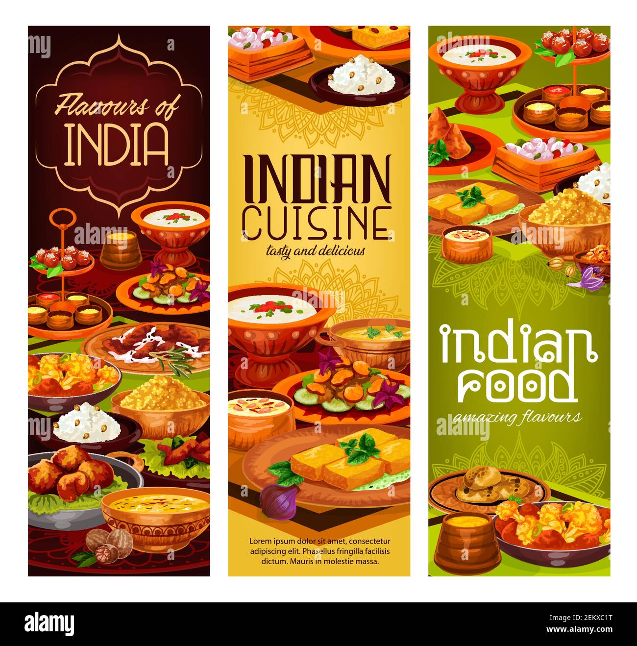 Insegne vettoriali di cucina indiana di riso, carne e piatti di verdure con dessert al latte. Curry di pollo, pilau e formaggio paneer, samosa di patate, pane naan Illustrazione Vettoriale