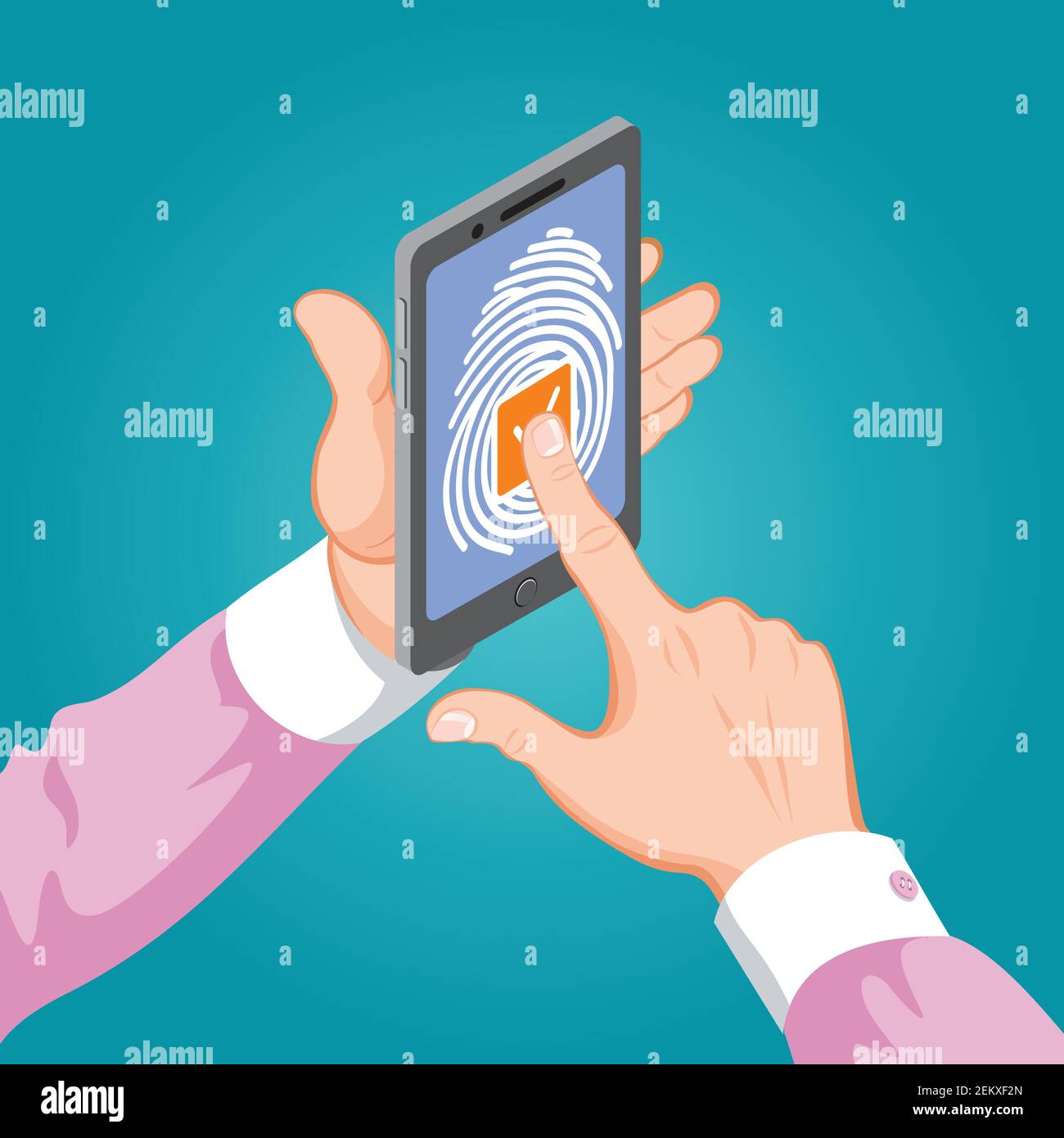 Esperienza di sicurezza informatica con l'uomo che tiene lo smartphone nelle mani e sbloccarla con il pulsante dell'impronta digitale immagine vettoriale isometrica Illustrazione Vettoriale