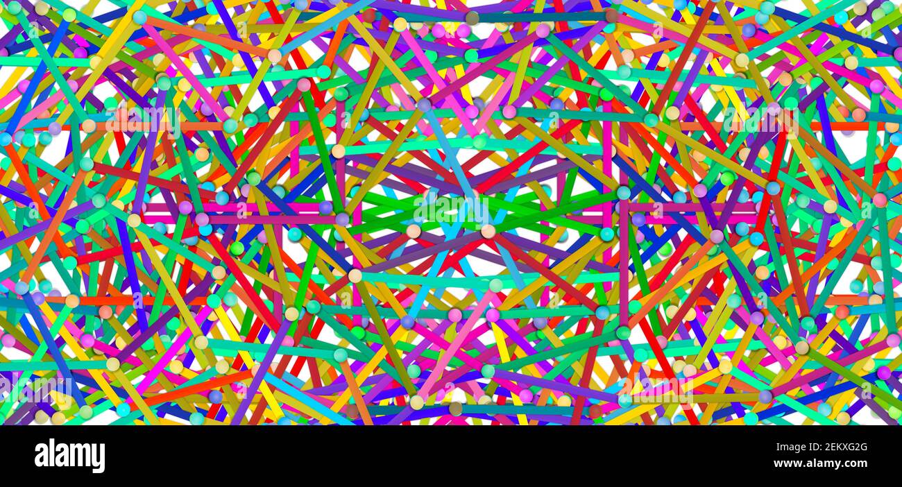 riassunto di linee colorate collegate da pin, connessione molto complicata, comprensione del concetto di processo di algoritmi. illustrazione concettuale. Foto Stock