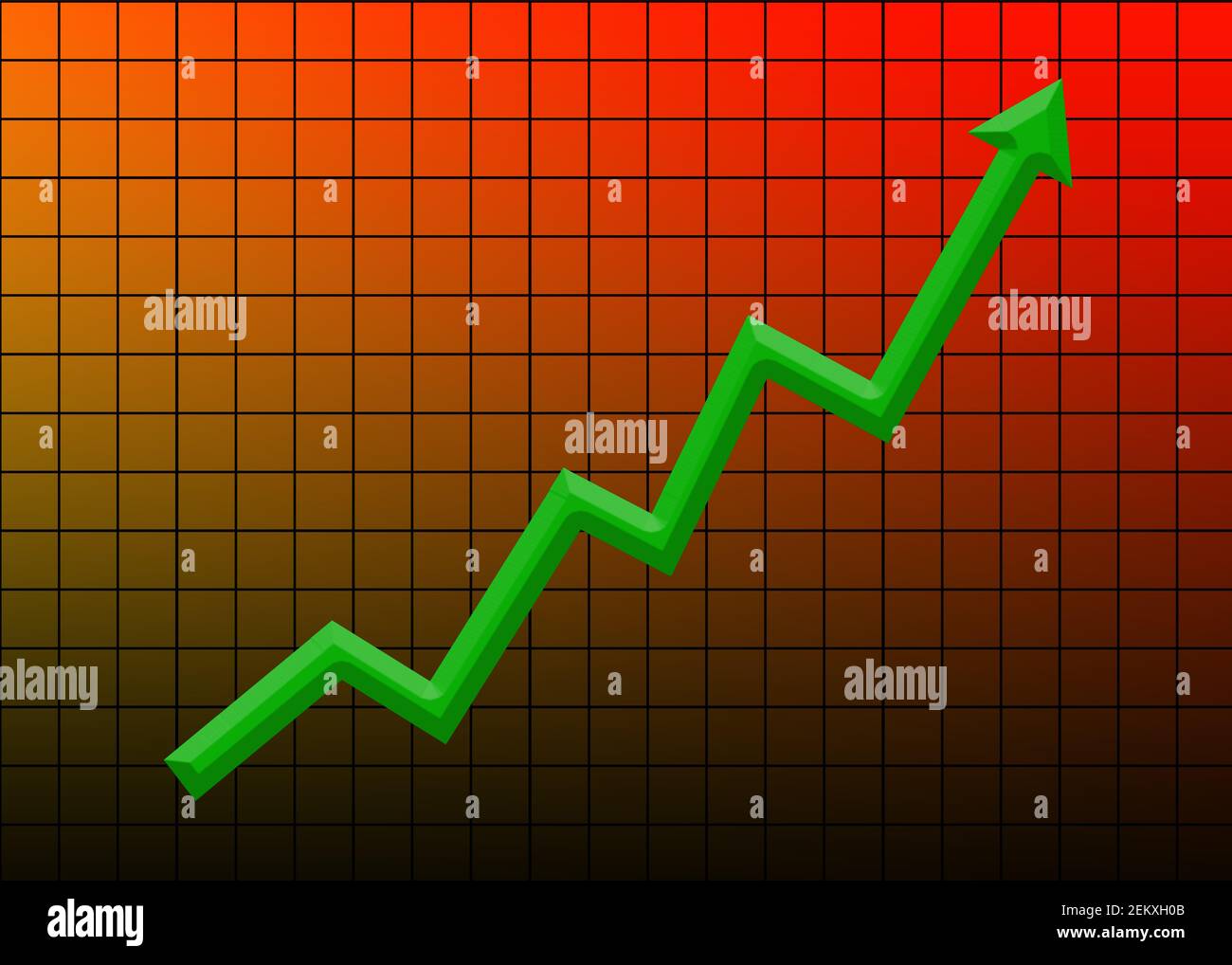 Grafico crescente freccia verde nella griglia rossa colore di sfondo, mercato azionario e concetto di crescita aziendale Foto Stock