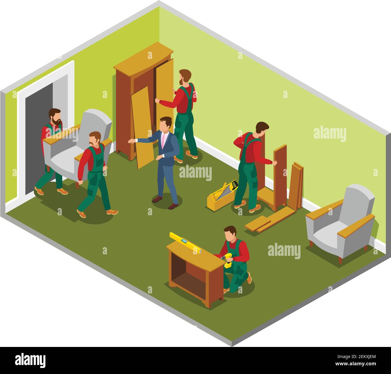 Sala di composizione isometrica per la consegna dei mobili con i produttori durante l'assemblaggio, il cliente e i caricatori che trasportano l'illustrazione vettoriale della sedia Illustrazione Vettoriale