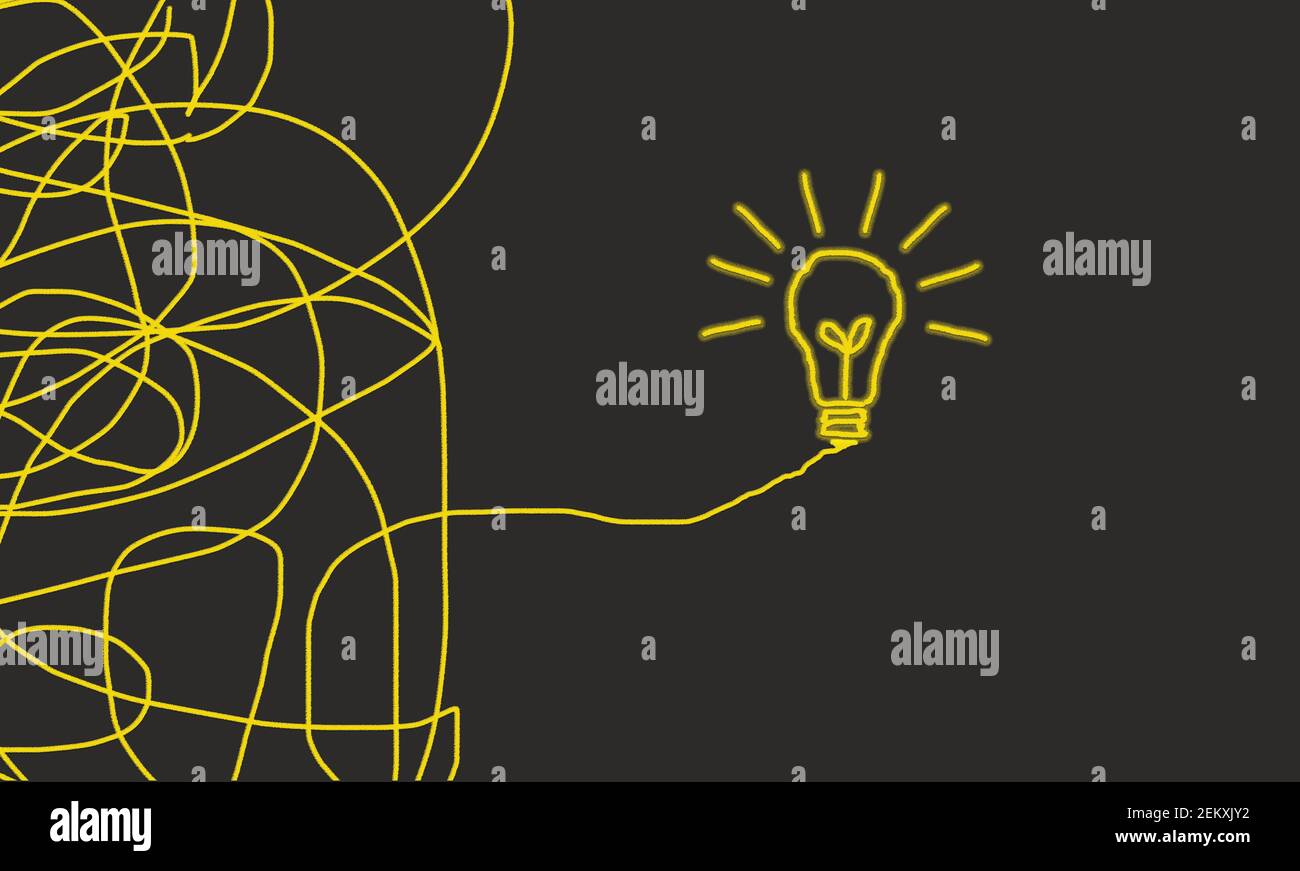 Modo complicato per il modo di soluzione , caos, lampadina di passaggio - Vista dall'alto in sfondo grigio. Idea concettuale innovazione Foto Stock