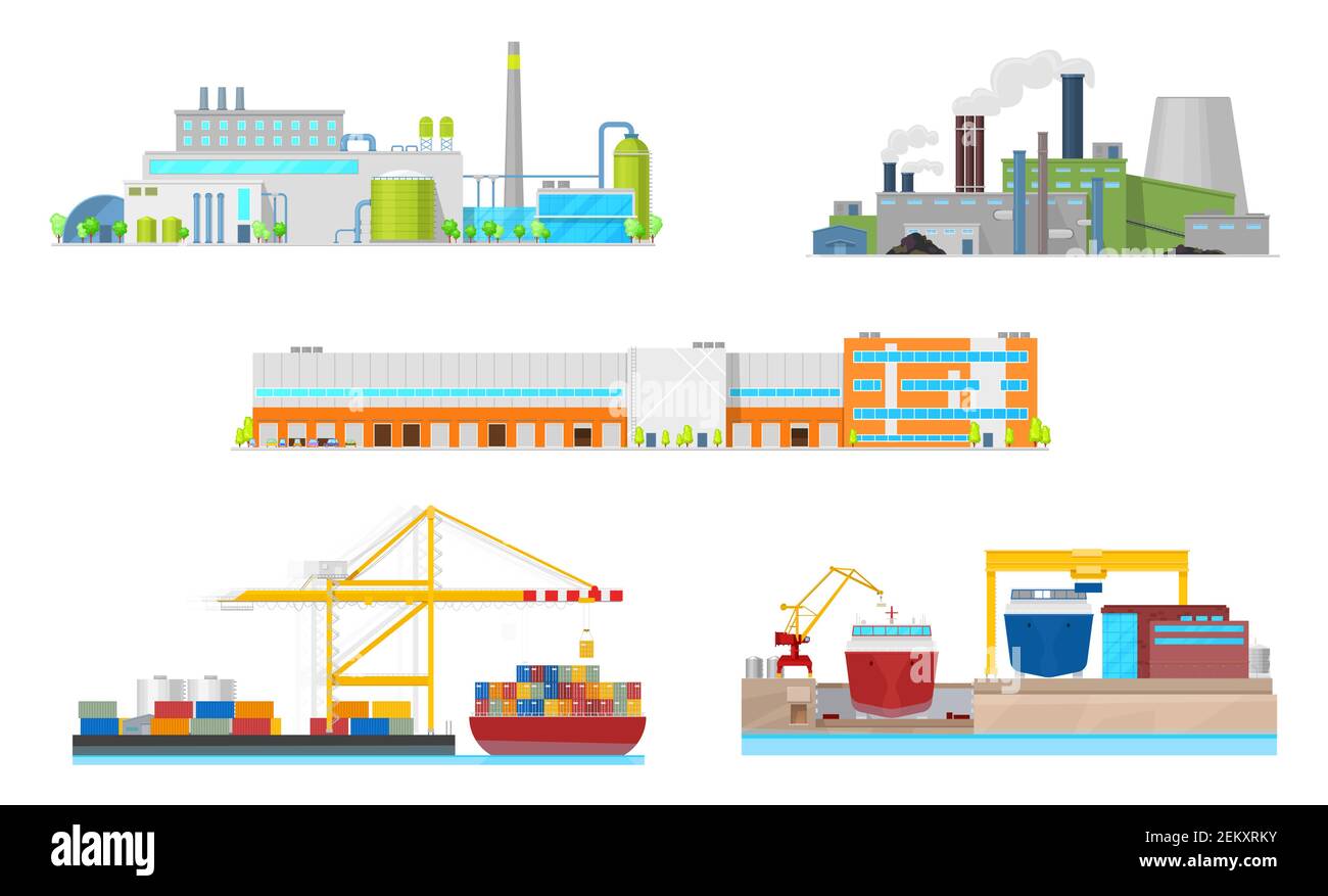 Icone vettoriali per edifici industriali. Esterni di centrali elettriche, impianti di raffineria petrolifera e stabilimenti di produzione, magazzini, porti e cantieri wi Illustrazione Vettoriale