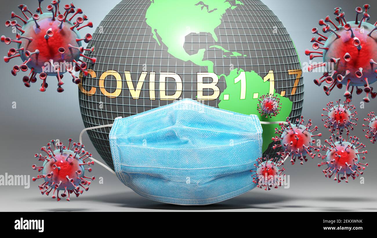 Covid b.1.1.7 e Covid - globo terrestre protetto con un maschera blu contro l'attacco di virus corona per mostrare la relazione Tra Covid b.1.1.7 e curre Foto Stock