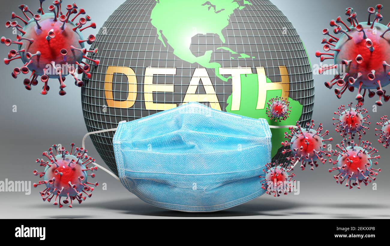 Morte e covid - globo terrestre protetto da una maschera blu contro i virus della corona per mostrare la relazione tra morte ed eventi attuali, 3d il Foto Stock