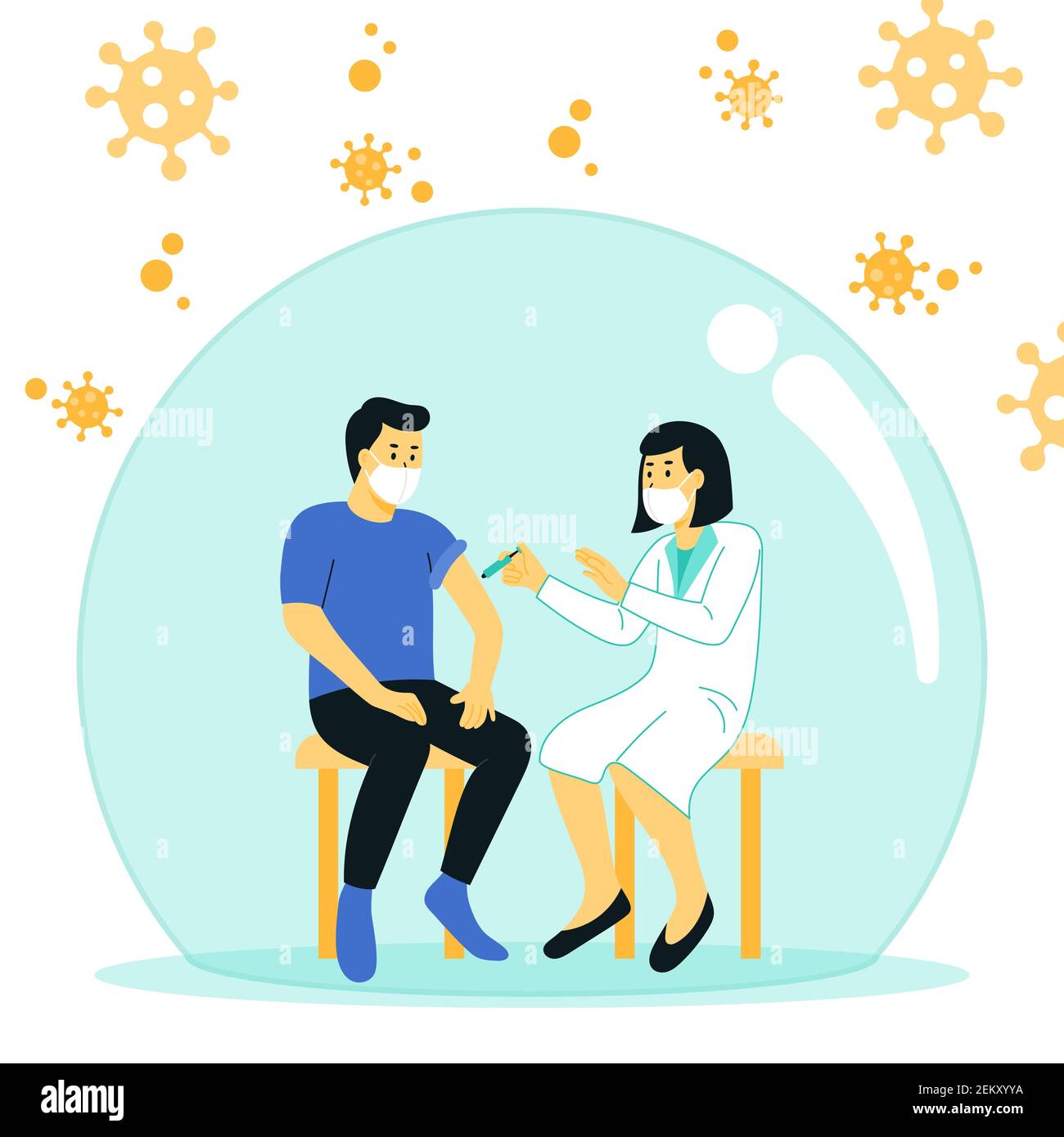 Concetto di vaccinazione per la salute immunitaria. Concetto di vaccinazione, l'uomo in uno scudo protetto dal virus è una metafora per la vaccinazione. Illustrazione Vettoriale