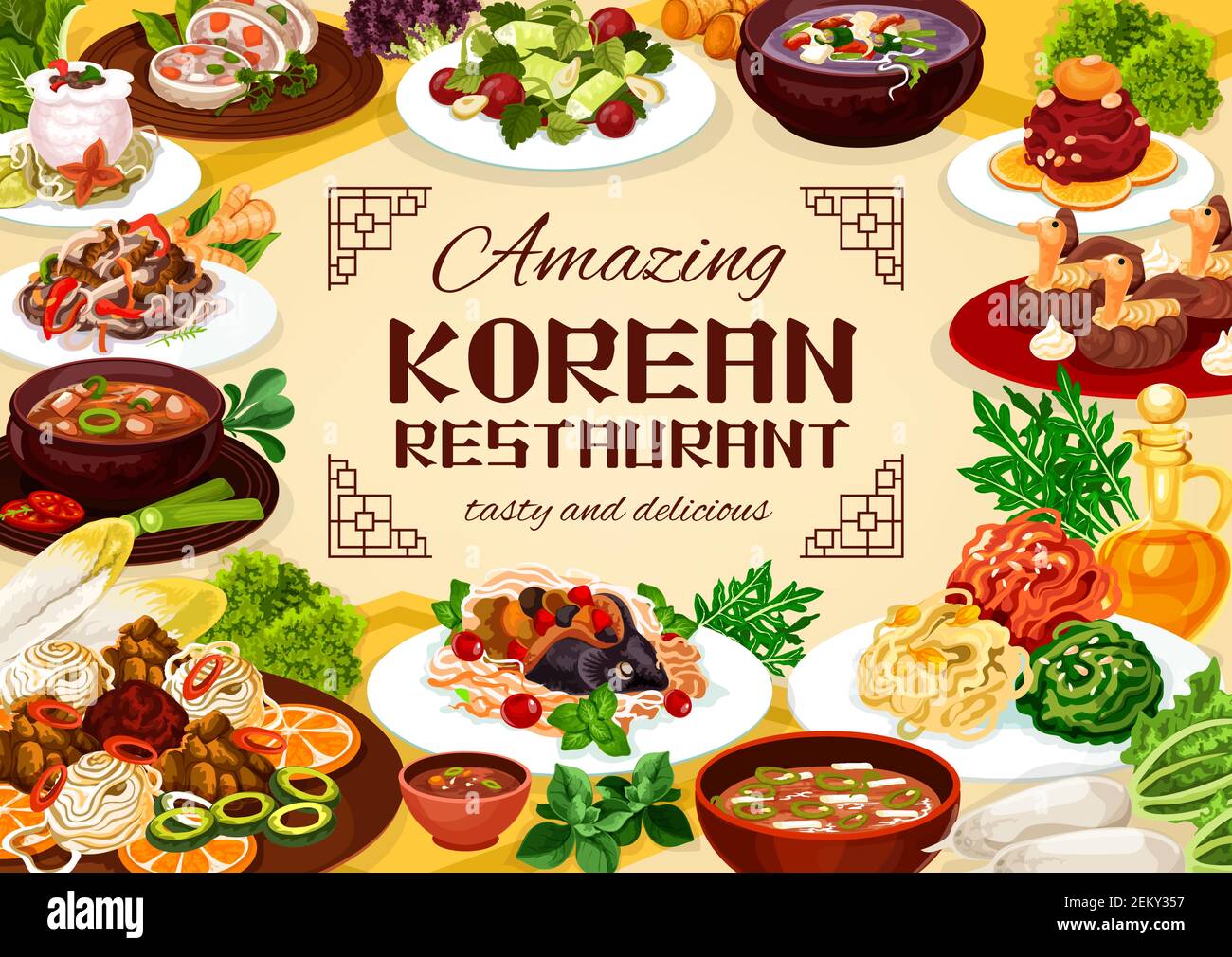 Deliziosi piatti coreani nazionali di cucina nazionale. Costolette di manzo vettoriale in pentola di rafano, insalata tricolore e con coriandolo. Polsetta essiccata in salsa calda, Illustrazione Vettoriale