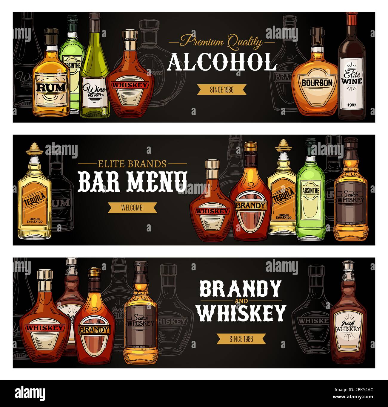Banner del menu del bar, schizzi di bottiglie di bevande alcoliche. Vector shot di qualità superiore e cocktail alcolici bevande rum, Scotch whiskey o cognac con bottiglia di vino Illustrazione Vettoriale