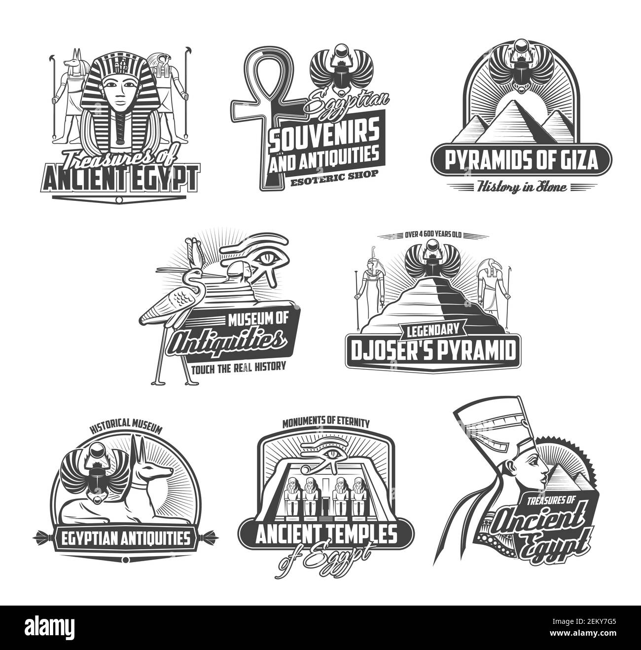 Antico Egitto religione e cultura icone isolate. Faraoni vettoriali e piramidi di Giza e Djoser, museo storico di antiquariato egiziano. Anubis, Ra Dio, Illustrazione Vettoriale