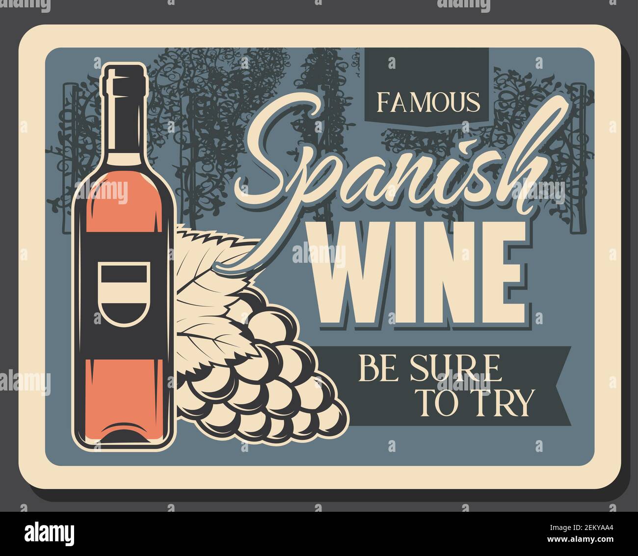 Vector enoteca Grand Reserve, fabbrica e negozio di vino, bottiglia di vino rosso o bianco e vigneto d'uva. Vino spagnolo, casa vinicola e negozio v Illustrazione Vettoriale