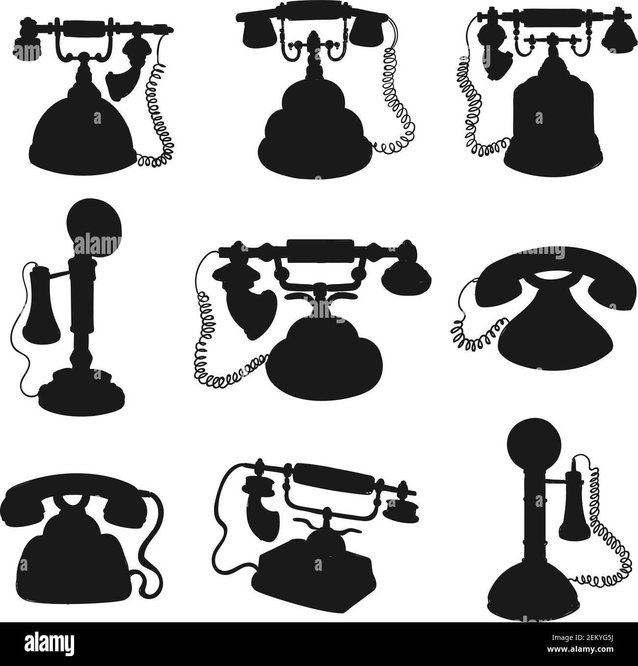 Telefono retro e telefono vintage silhouette nere. Vecchi telefoni a quadrante rotante e a candela design vettoriale con telefoni cellulari e fili. Telecommu Illustrazione Vettoriale