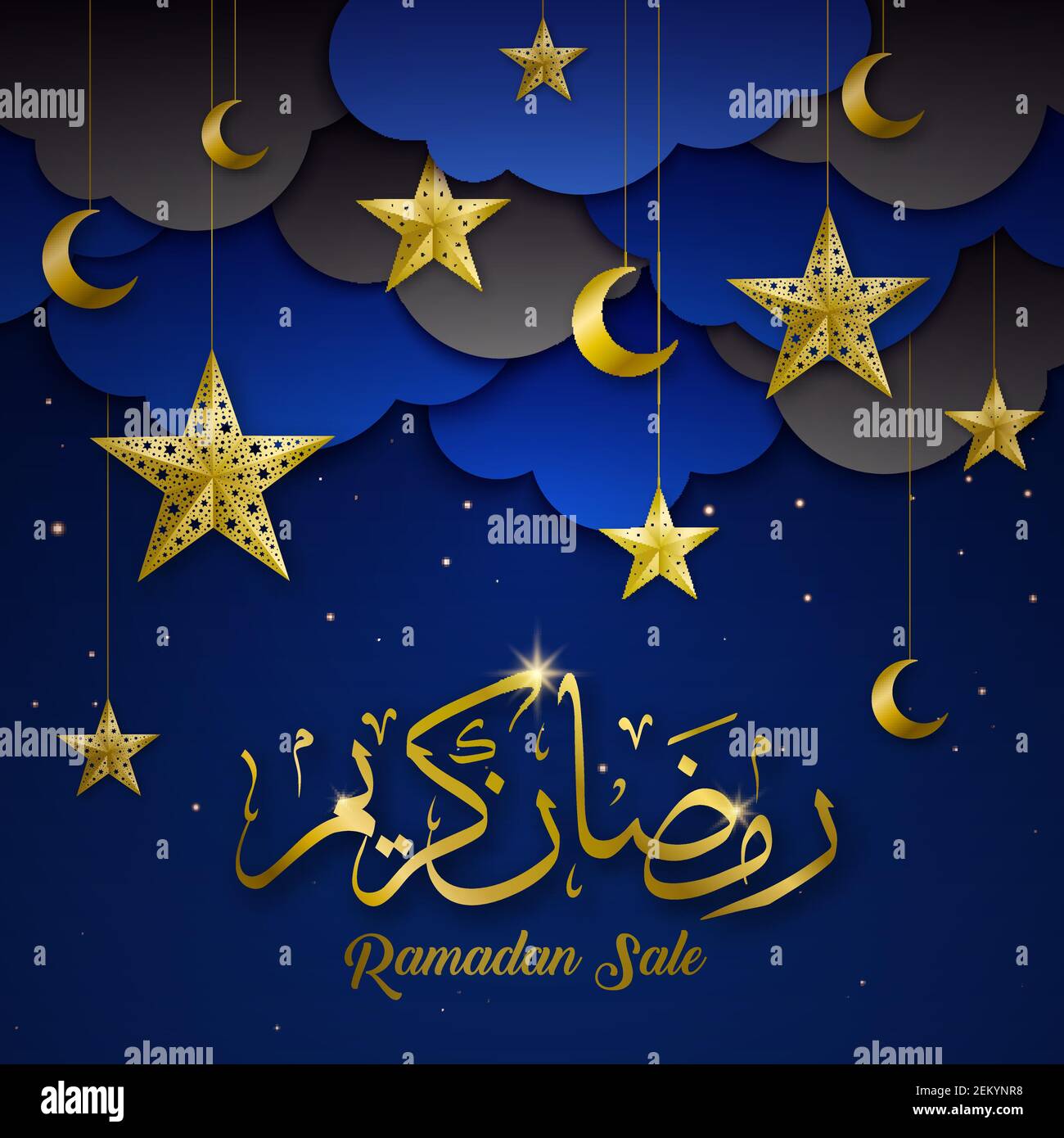 Ramadan kareem simboli sacri decorazioni vendita sfondo blu scuro poster  con stelle dorate mezzcent saluto vettore illustrazione Immagine e  Vettoriale - Alamy
