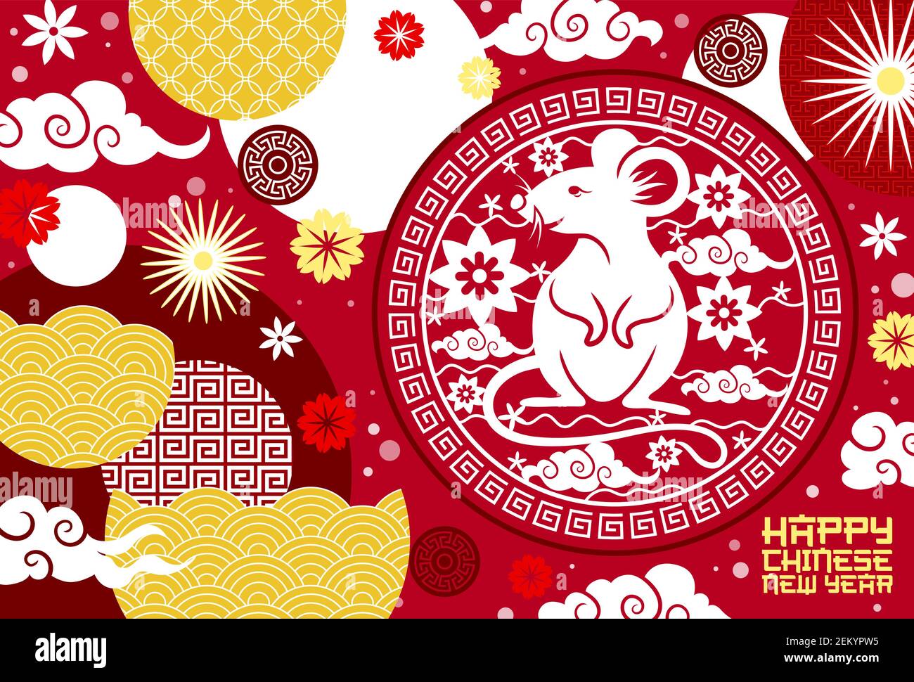 Biglietto d'auguri per il nuovo anno zodiaco cinese di ratto e fiore papercut pattern vettoriale. Topo simbolo di oroscopo animale con fiore di prugne, nuvole orientali e. Illustrazione Vettoriale