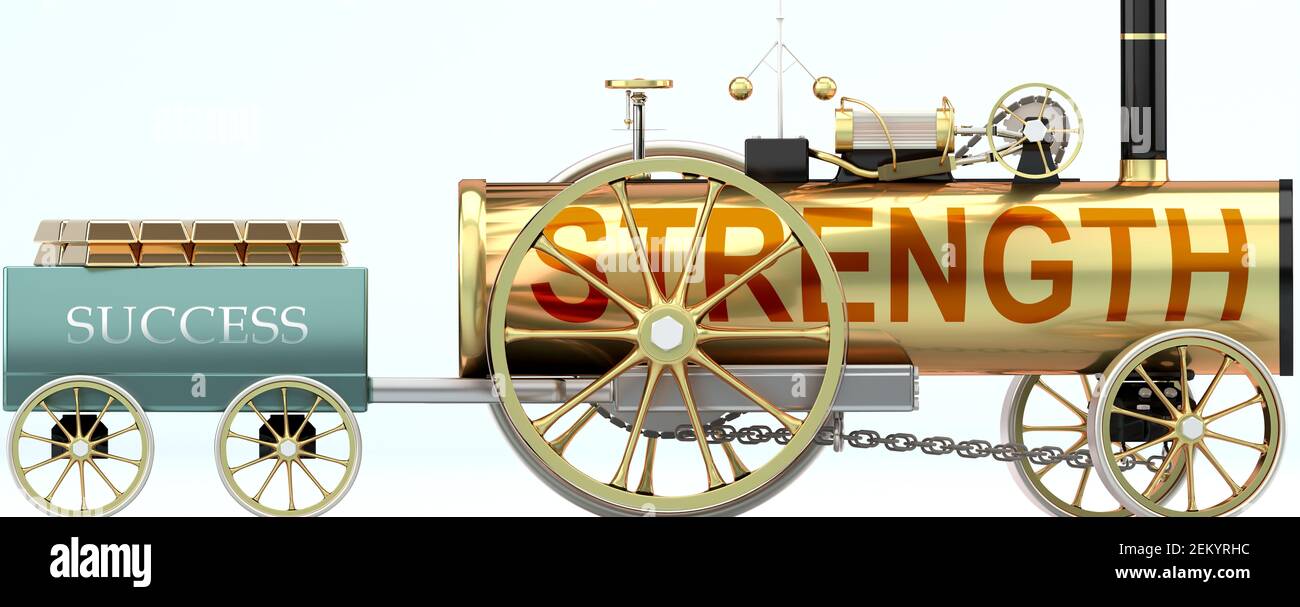 Forza e successo - simboleggiata da un'auto a vapore che tira un carro di successo caricato con barre d'oro per dimostrare che La forza è essenziale per la prosperità e s. Foto Stock
