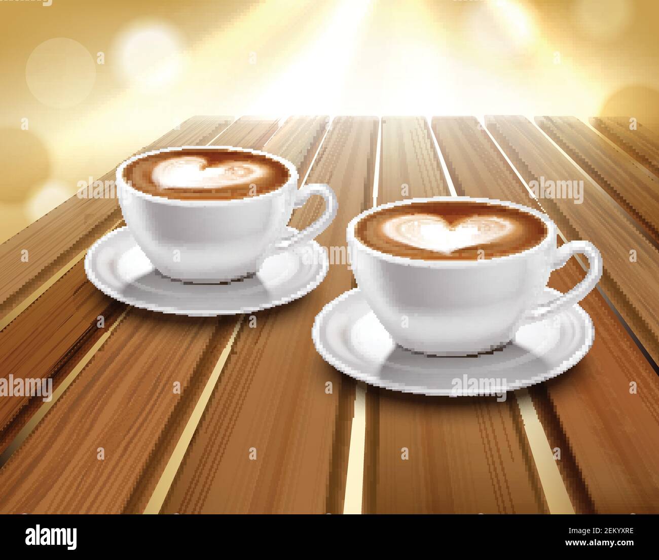 Tazze di caffè latte e cappuccino su un tavolo di legno realistico illustrazione vettoriale Illustrazione Vettoriale