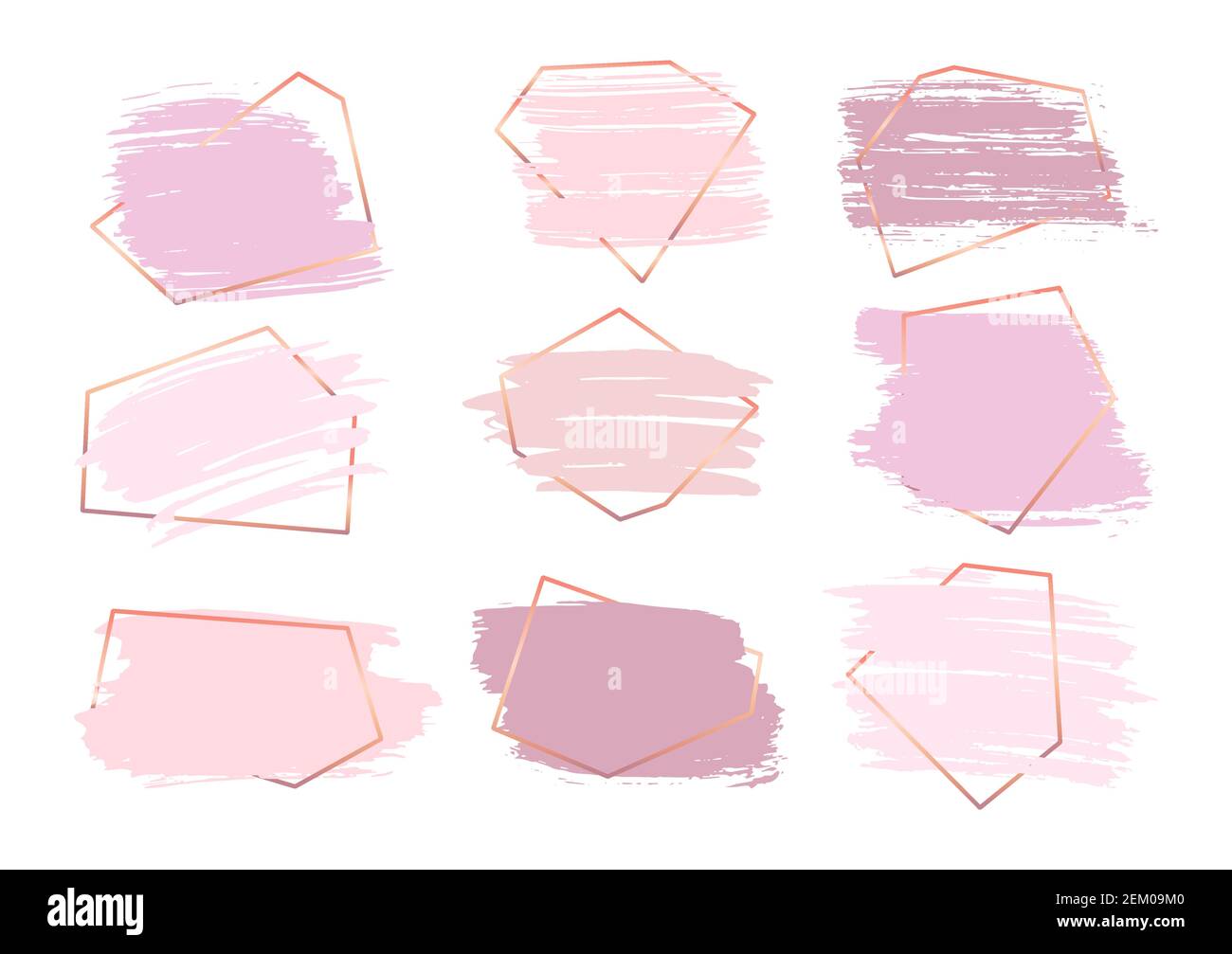 Set di pennellate di inchiostro disegnate a mano con cornice in oro rosa. Etichetta timbro per il design artistico. Texture grunge, striscioni sporchi e caselle di testo. Linee astratte colori rosa. Illustrazione vettoriale isolata Illustrazione Vettoriale