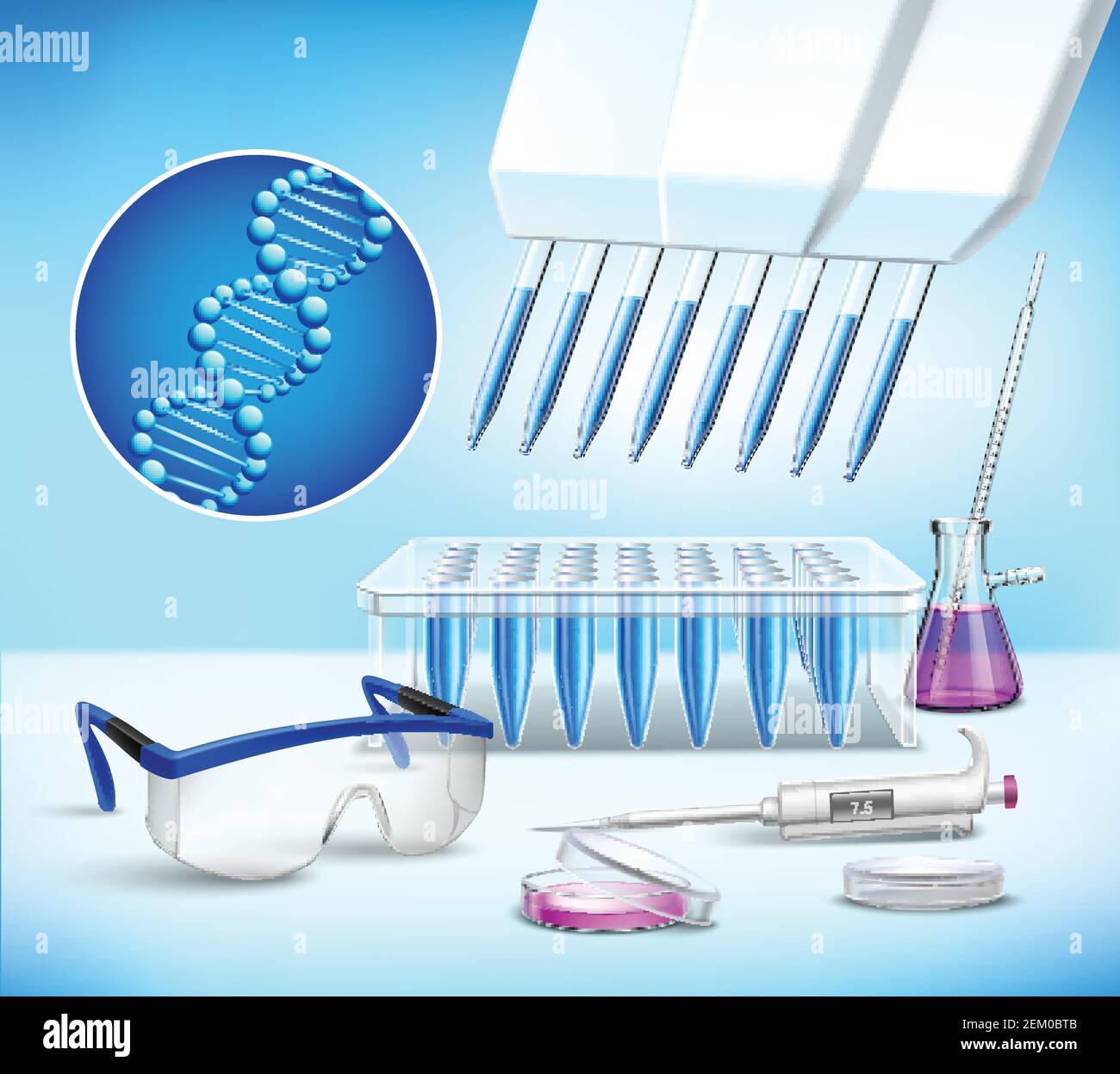 Composizione realistica da laboratorio scientifico con icona dna e attrezzature per illustrazione vettoriale di ricerca e analisi Illustrazione Vettoriale