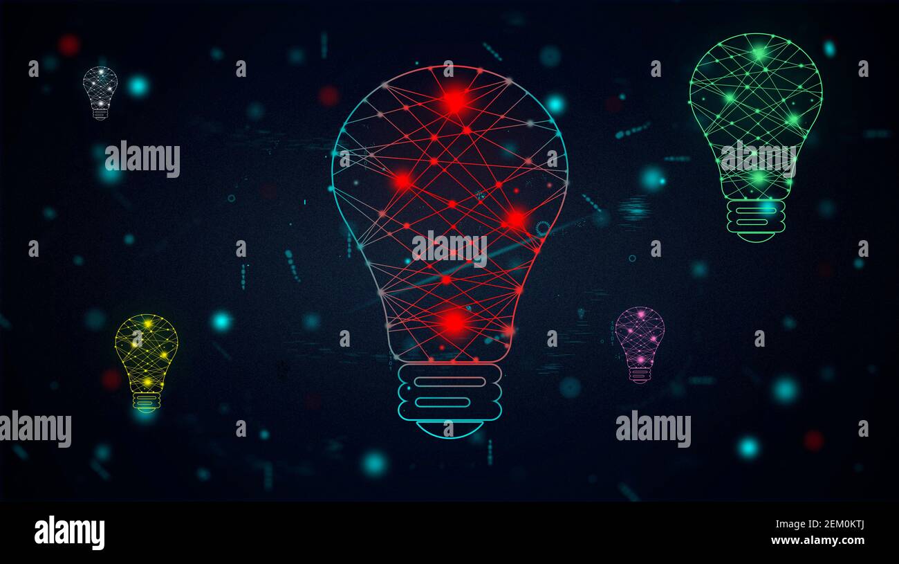 Concetto di tecnologia spaziale galassica a bulbo leggero. Illustrazione futuristica con lampadine colorate in background cosmo 2d, innovazione tecnologica creativa Foto Stock