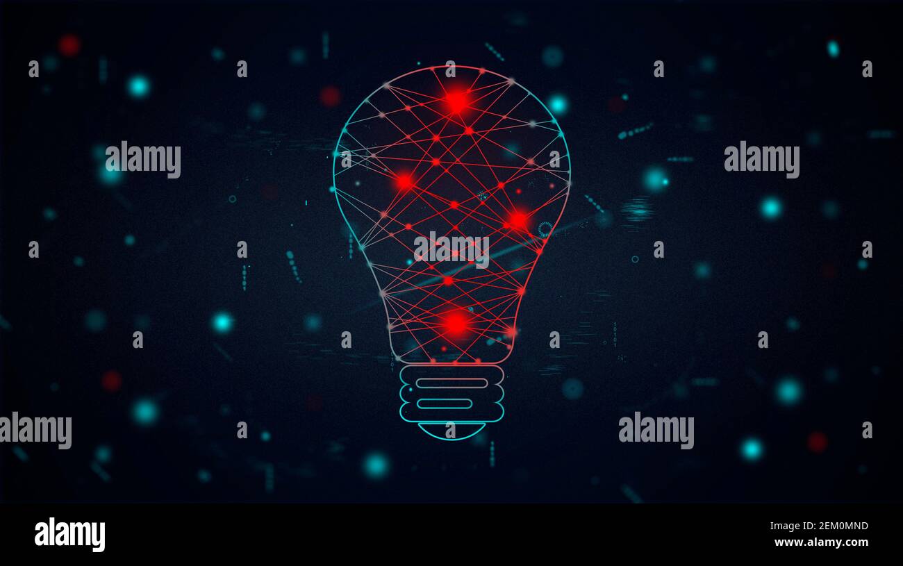 Il concetto di lampadina di rete è costituito da un contorno di lampadina, punti rossi e linee collegati in uno sfondo ampio spazio o in un sistema globale. Punto e punto sfocati. Foto Stock