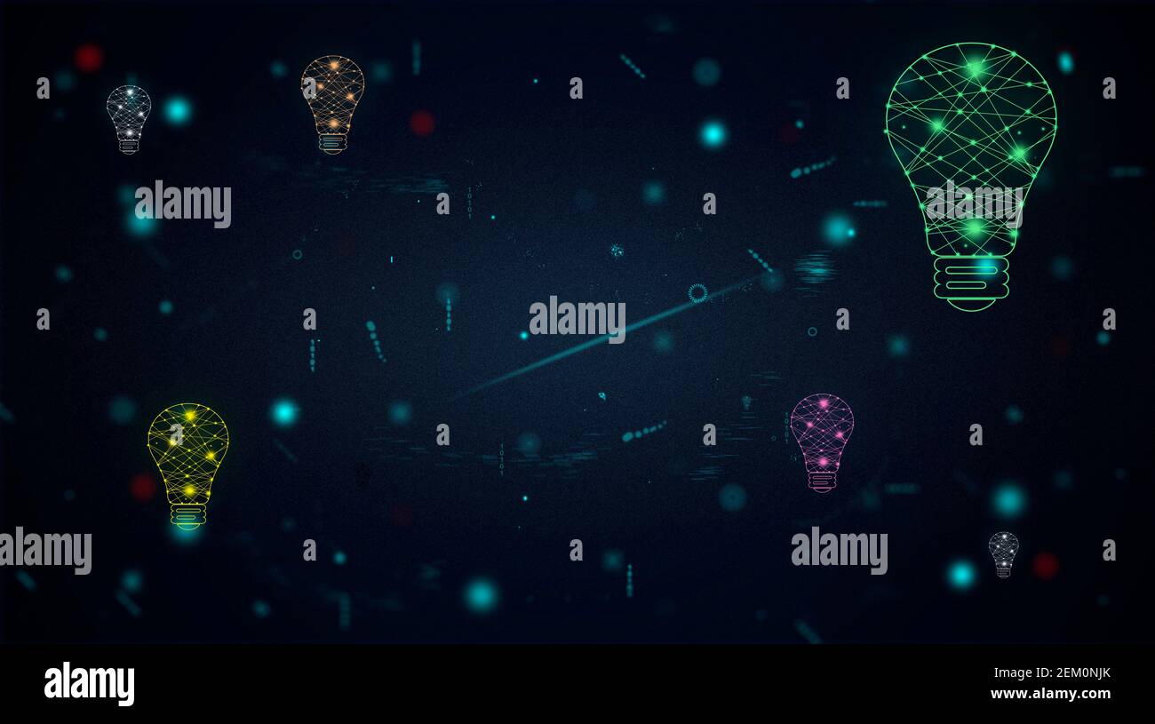 lampadina colorata collegata in blu sfondo scuro spazio. tecnologia futuristica idea creativa con lampadina. tecnologia e idee di concetto del futuro, Foto Stock